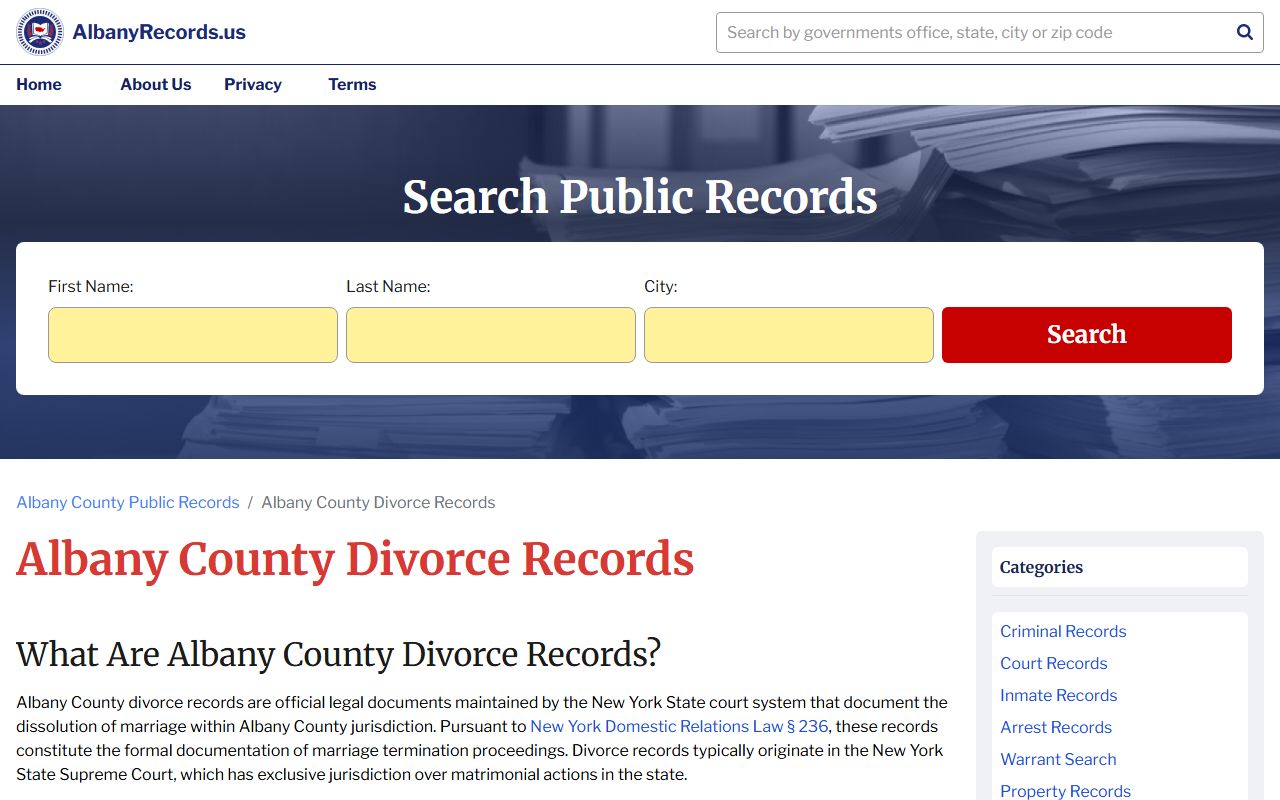 Albany County divorce decree records search portal