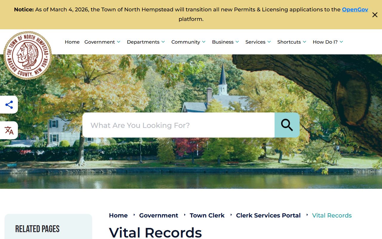 North Hempstead vital records page showing town clerk services