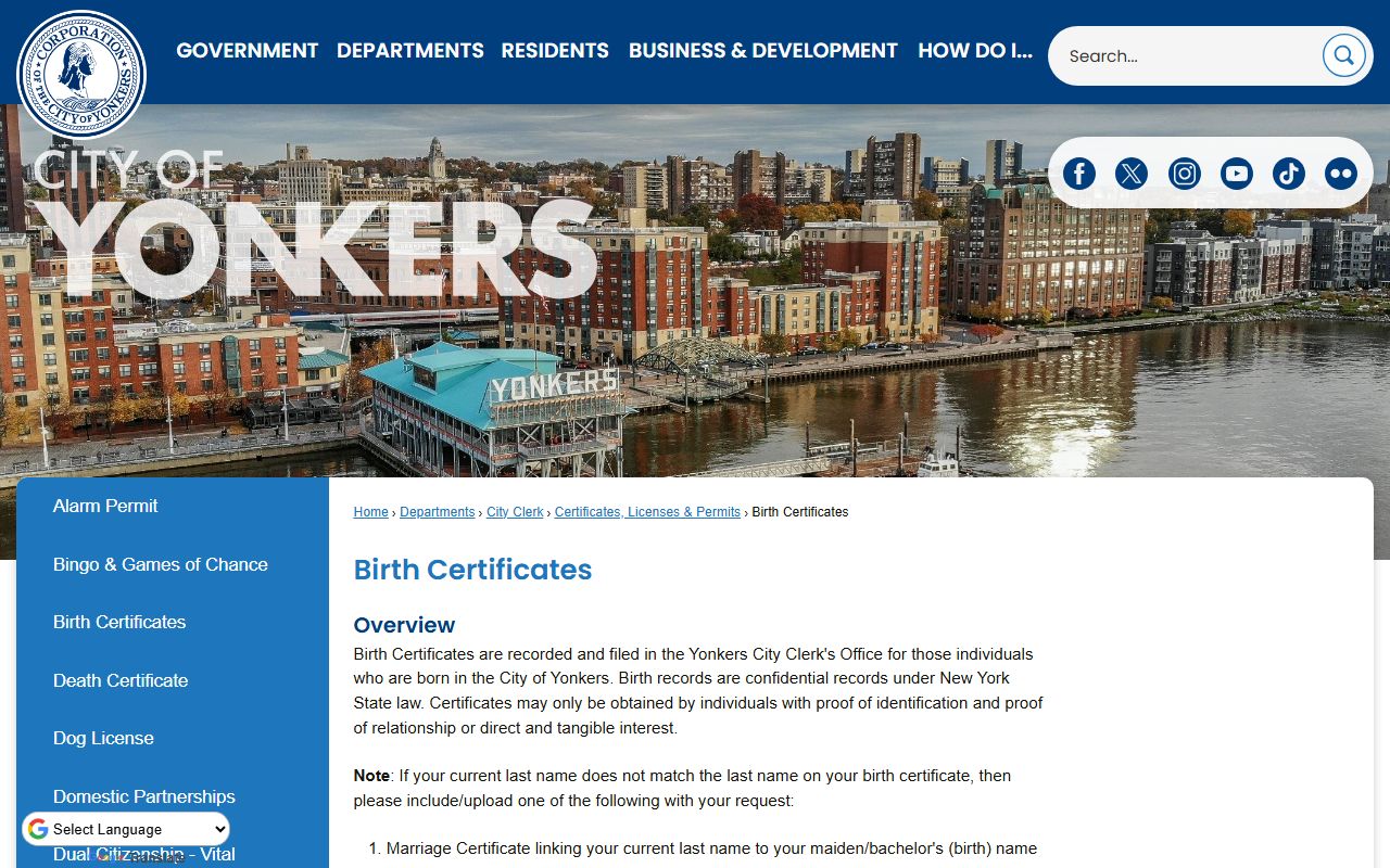 Yonkers birth certificates page showing vital record services