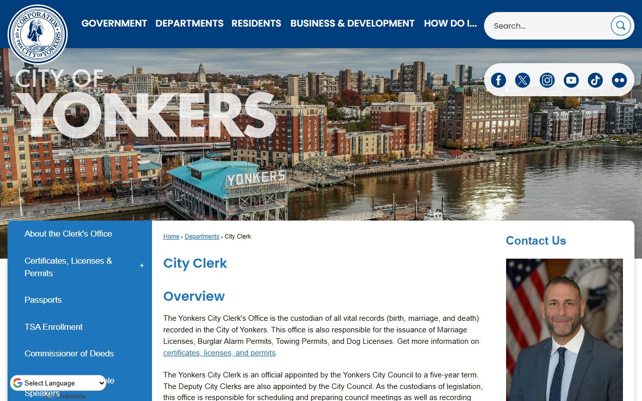 Yonkers City Clerk office page showing available services