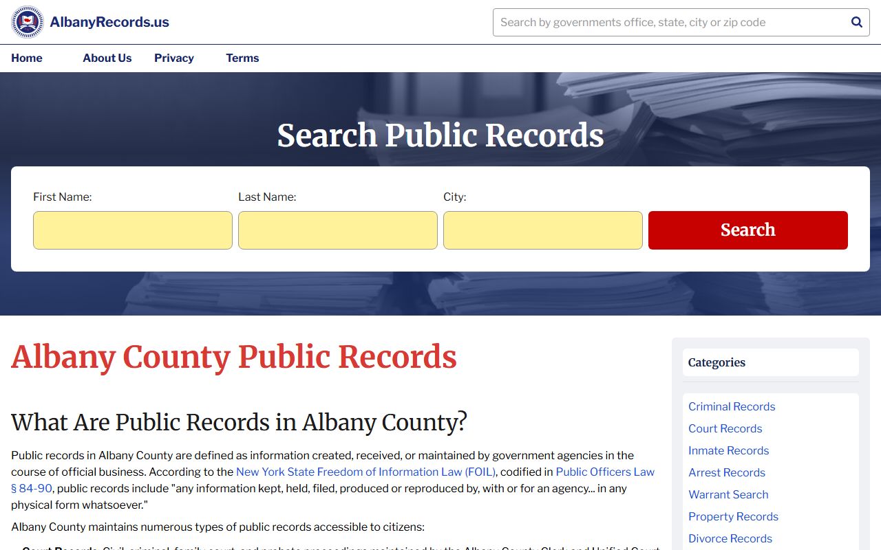 Albany County divorce decree records portal showing available public records