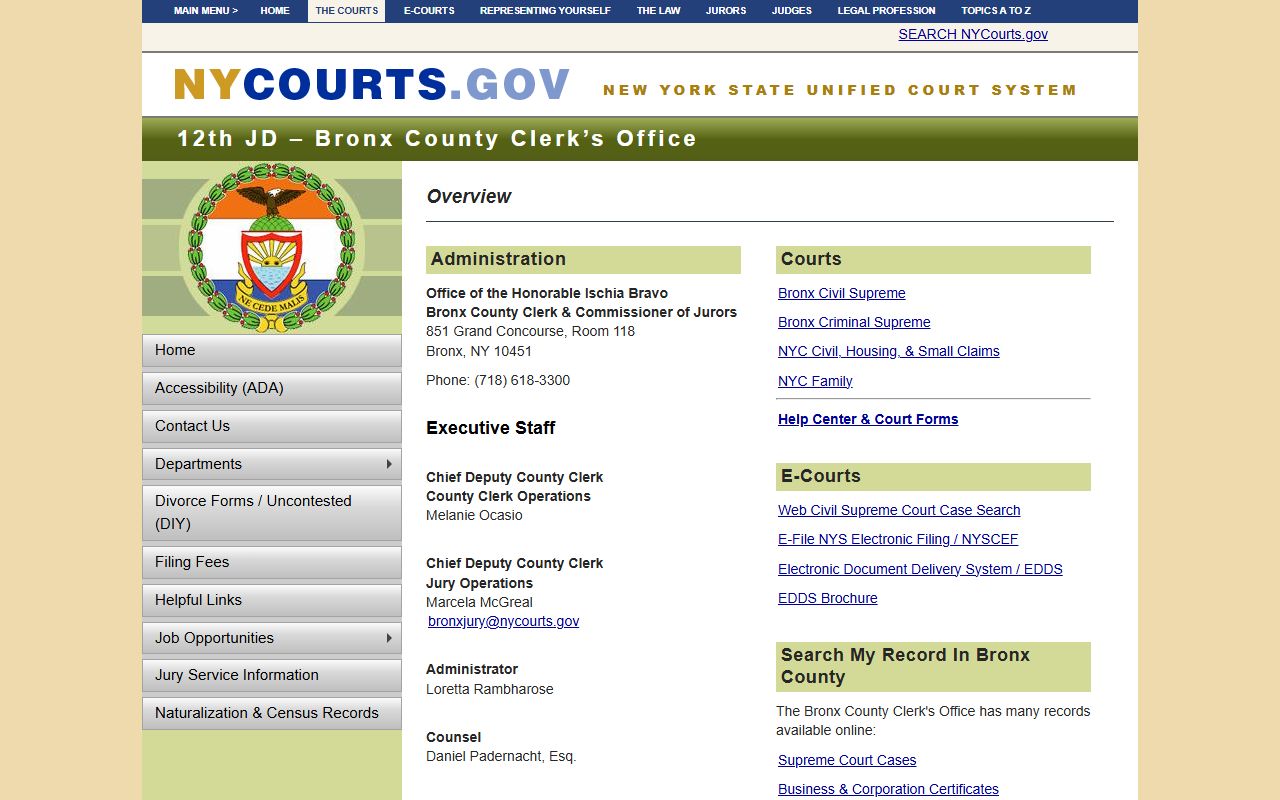 Bronx County Clerk office page for divorce decree records
