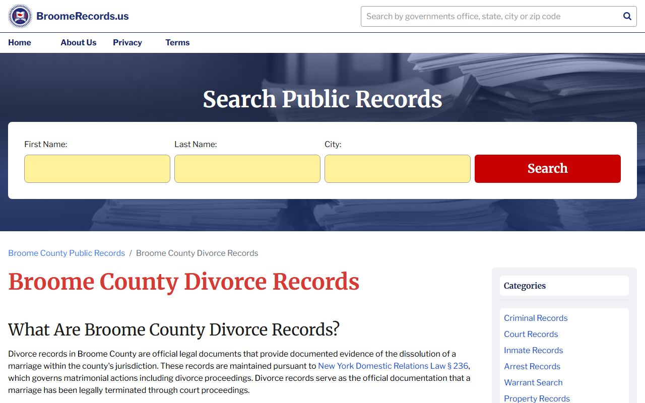 Broome County divorce decree records information and access requirements