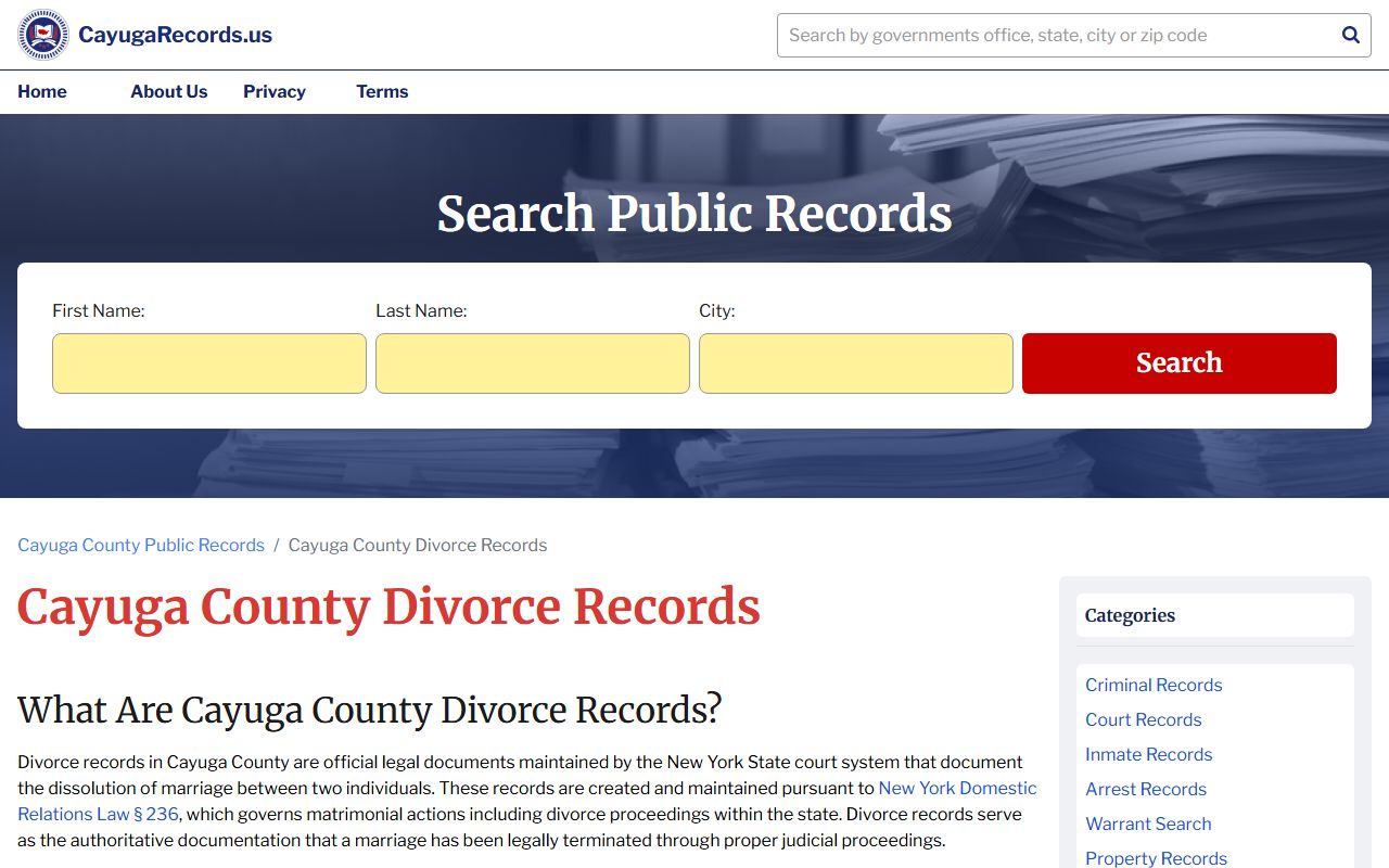 Cayuga County divorce decree records information page