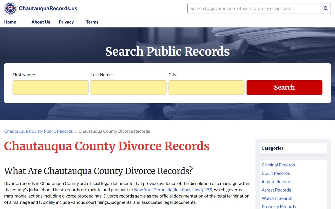 Chautauqua County divorce decree records information page