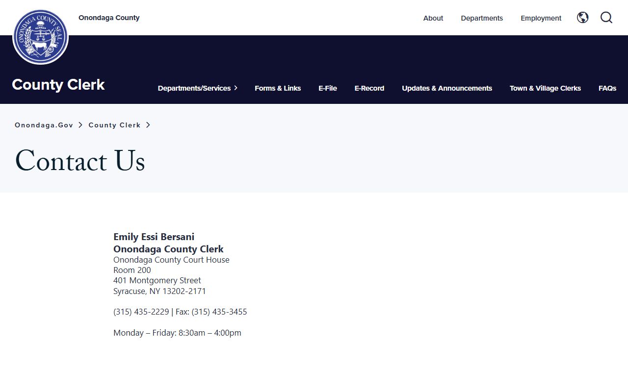 Onondaga County divorce decree contact directory for the County Clerk