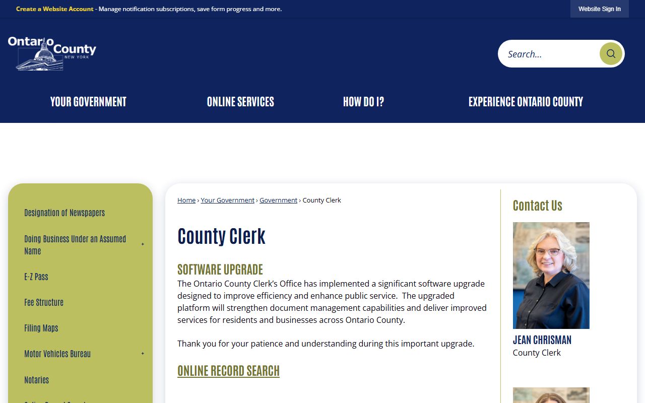 Ontario County Clerk page for divorce decree records in Canandaigua