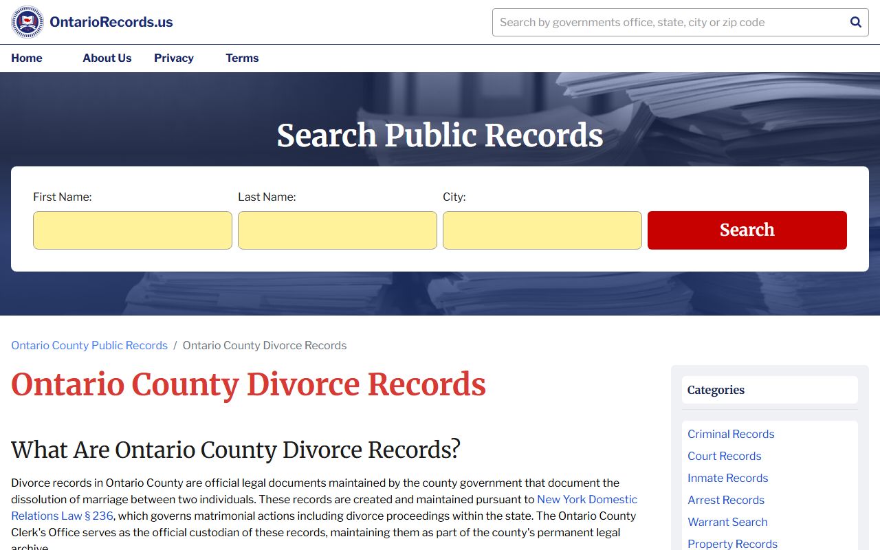 Ontario County divorce decree records guide and information page