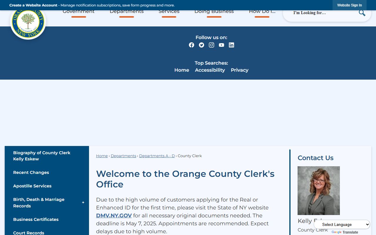 Orange County Clerk office page for divorce decree records in Goshen