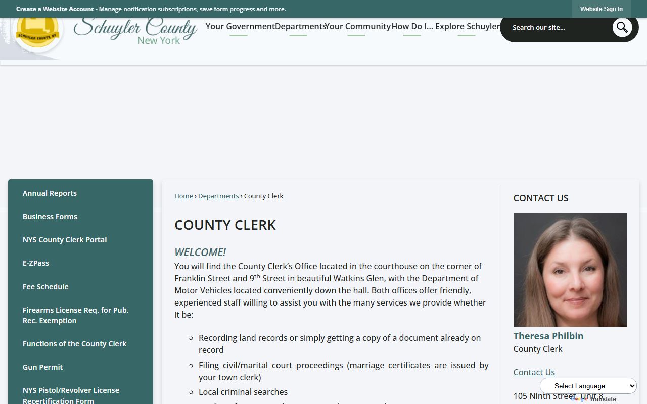 Schuyler County Clerk official page for divorce decree records