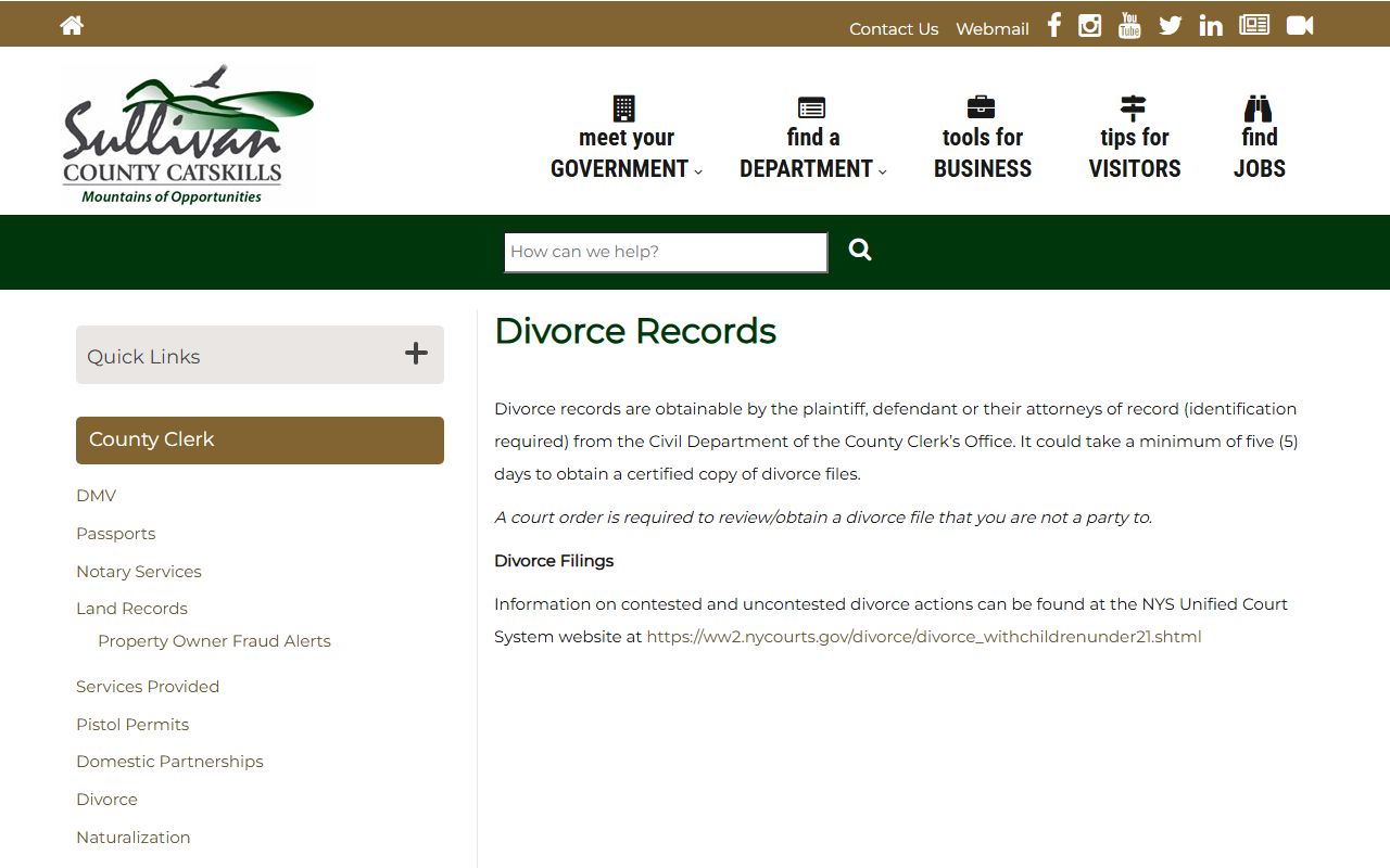 Sullivan County divorce decree records information page from the County Clerk