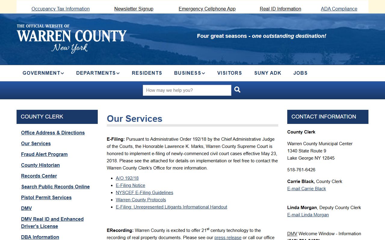 Warren County divorce decree clerk services page showing available options