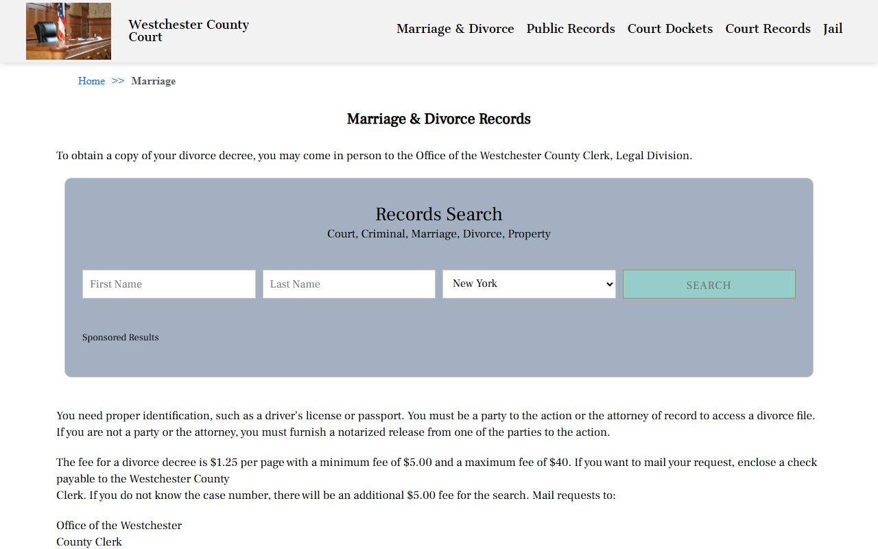Westchester County divorce decree records information page with fees and procedures