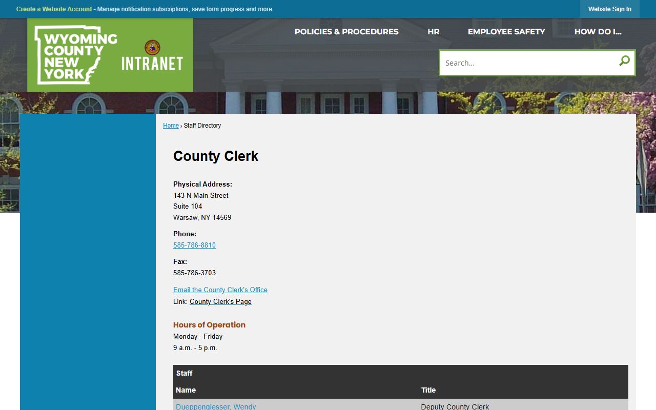 Wyoming County divorce decree records clerk directory listing with office details