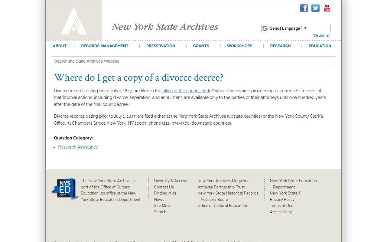 New York divorce decree records information on NYS Archives website