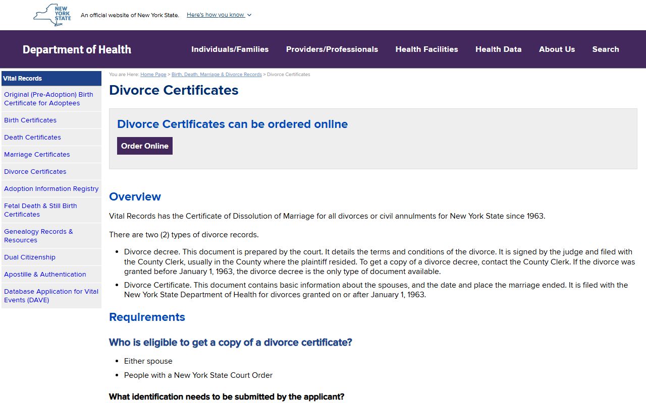New York divorce decree certificates page on NYS Department of Health website