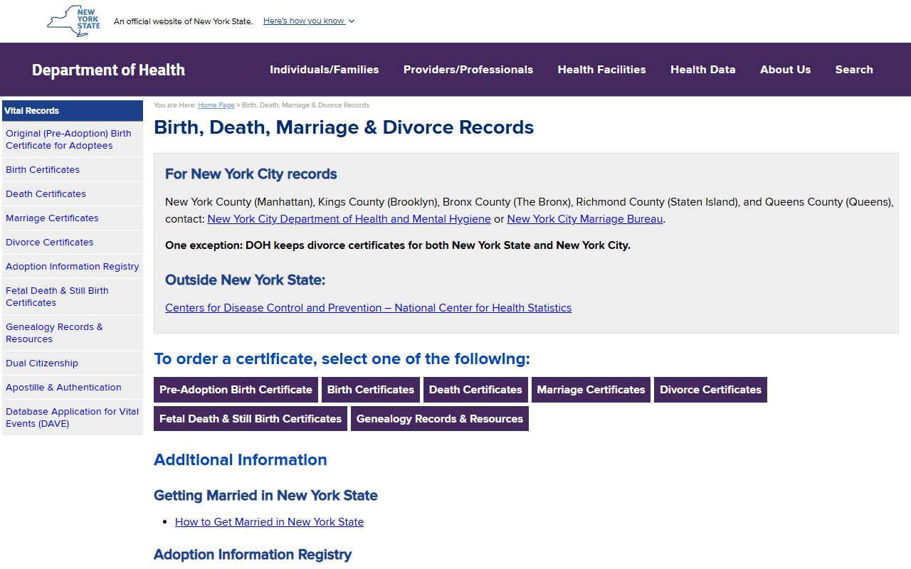 Tonawanda divorce decree NYS vital records page