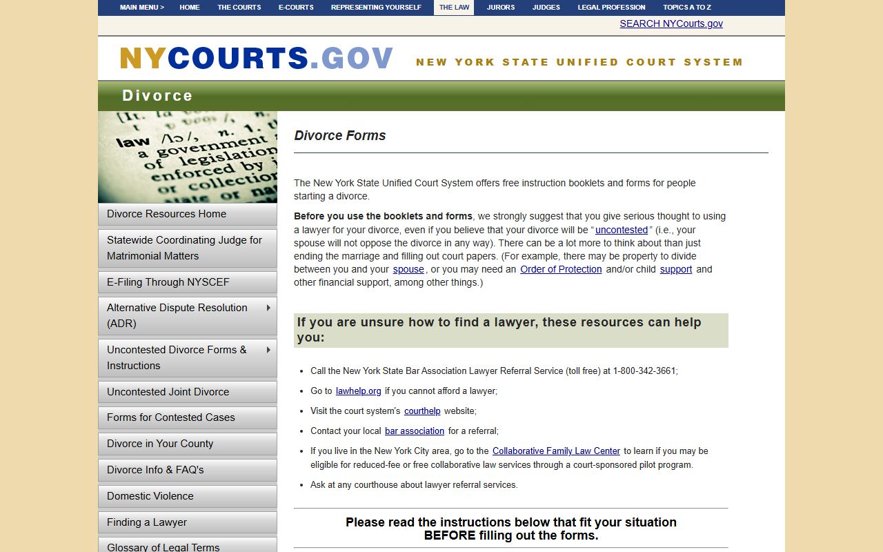 New York divorce decree forms on NYS Unified Court System website